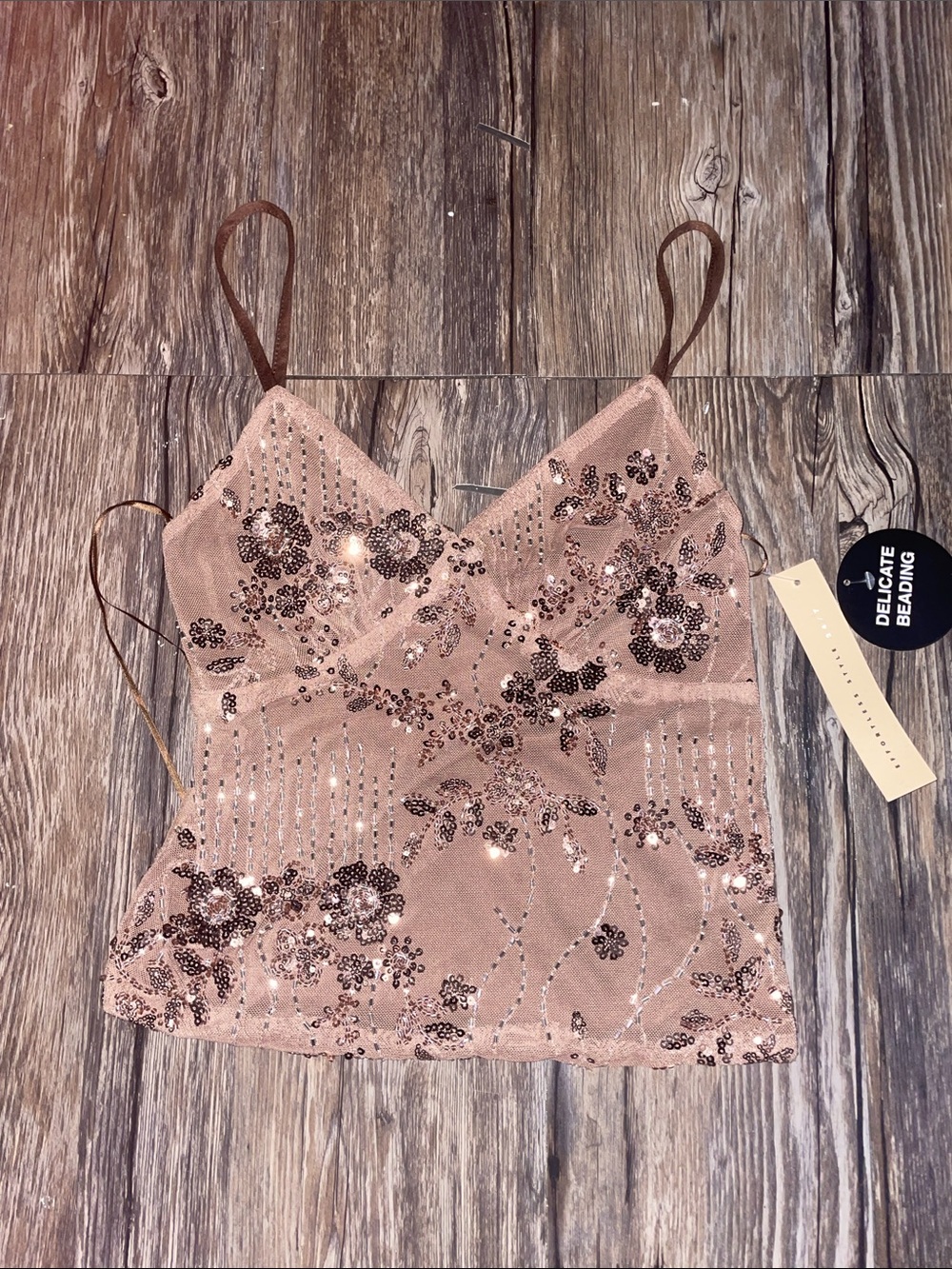 Studio 12 Brown-Tan Sequin Floral Crop Cami